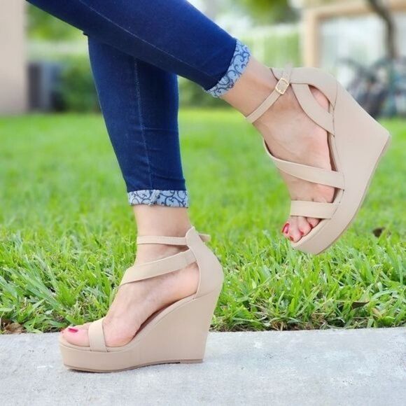 Shoes - Women's Wedge High Heel Platform Nude Color